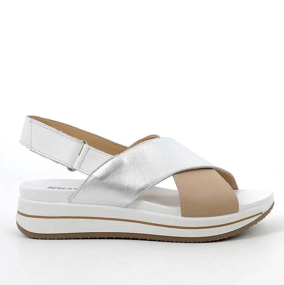 Beige-Silver Women'S Leather Sandal-Igi&Co New