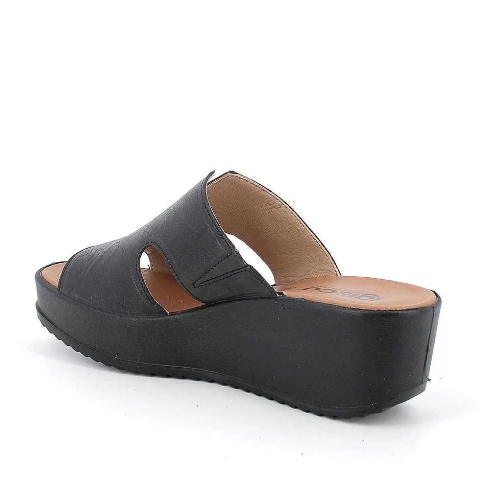 Black Women'S Leather Wedge Sandals-Igi&Co Best